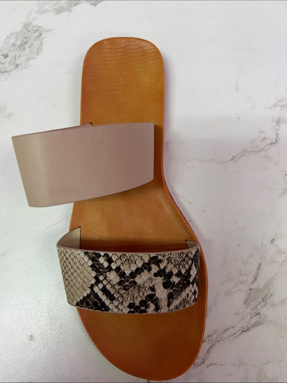Two-strap Slide Sandal in Taupe and Snake Print